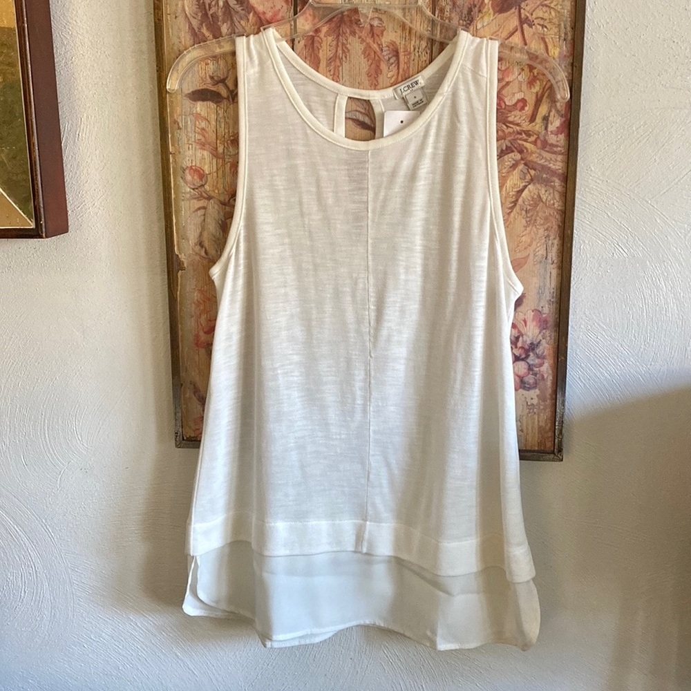 NWT J. CREW TOP STRETCH IVORY TUNIC OVERSIZED TOP SLVLSS SHEER PANEL DETAIL S
